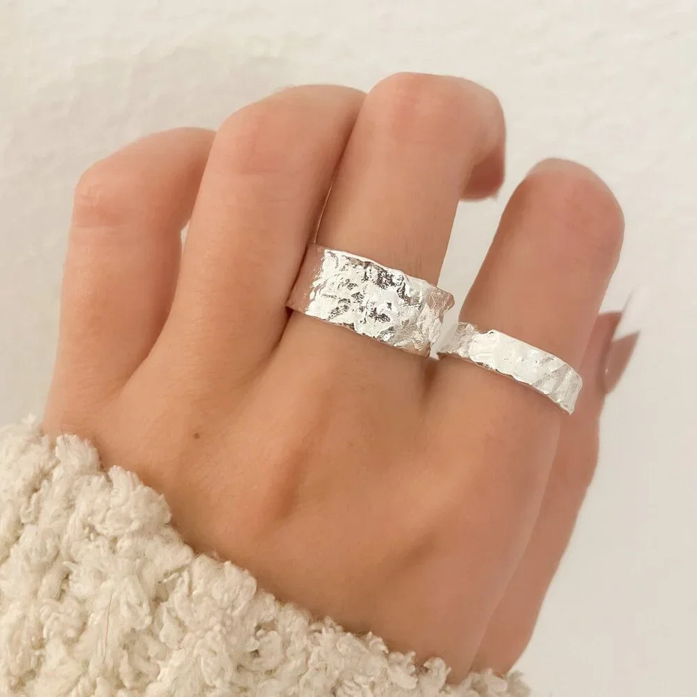925 Sterling Silver Set of 2 Foil Rings Textured Ring Band Minimalist Ring